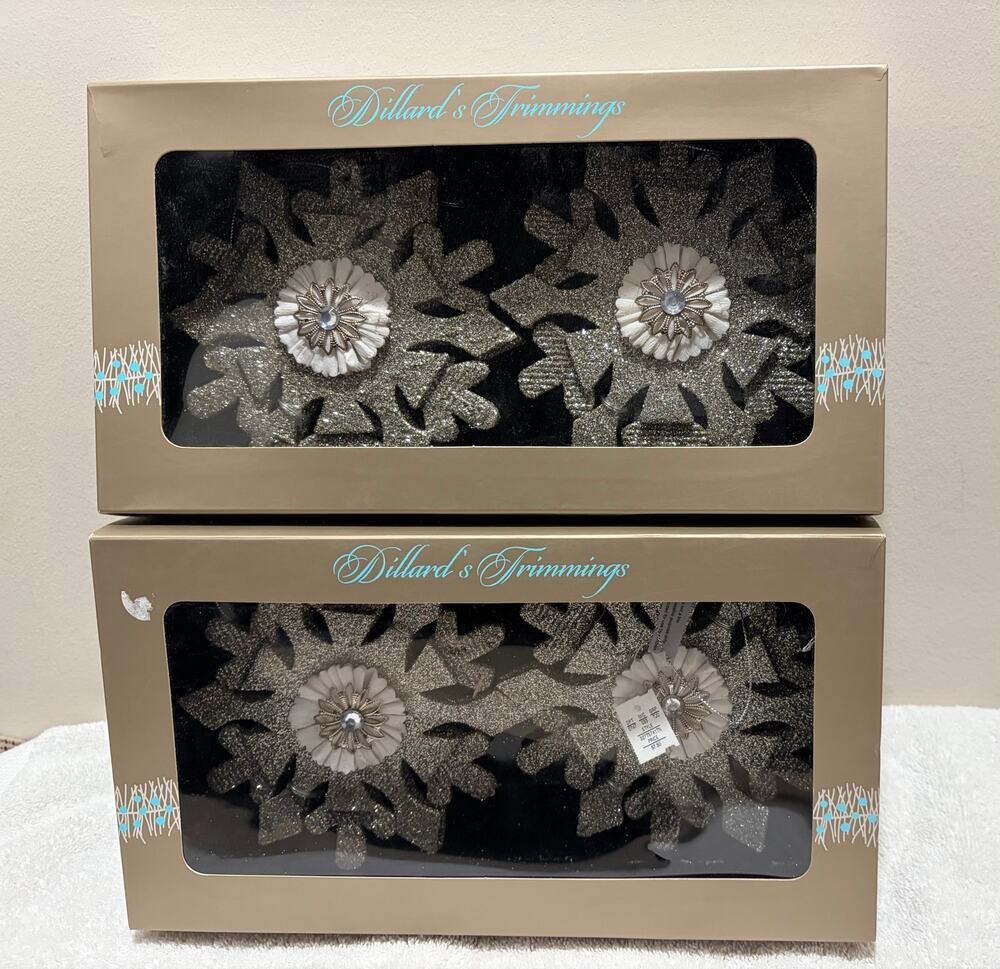 Snowflake Christmas Decorations Ornaments Silver Dillards Trimmings Vtg Lot of 2